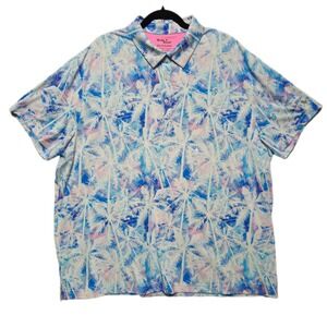 BIRDIE‎ BOUND Mens Polo Shirt 3XL Blue Pink Palm Tree Print Stretch Golf Casual